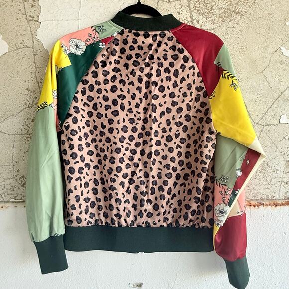 Patchwork Bomber Jacket NWT Boho Leopard Floral Print Colorblock Satin Women’s 4 - Picture 3 of 5